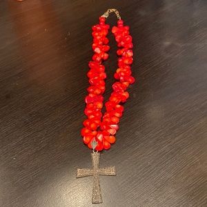 Vintage coral necklace with sterling silver cross pendant